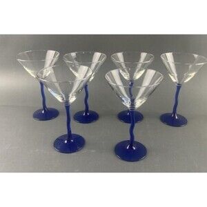 Set of 6 Libbey Courbe Martini Glasses Blue Zig Zag Stem Clear Bowl